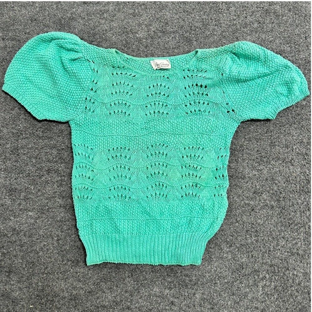 Cross Country Sweater Womens Size M Turquoise Pointelle Knit Puff Short Sleeve